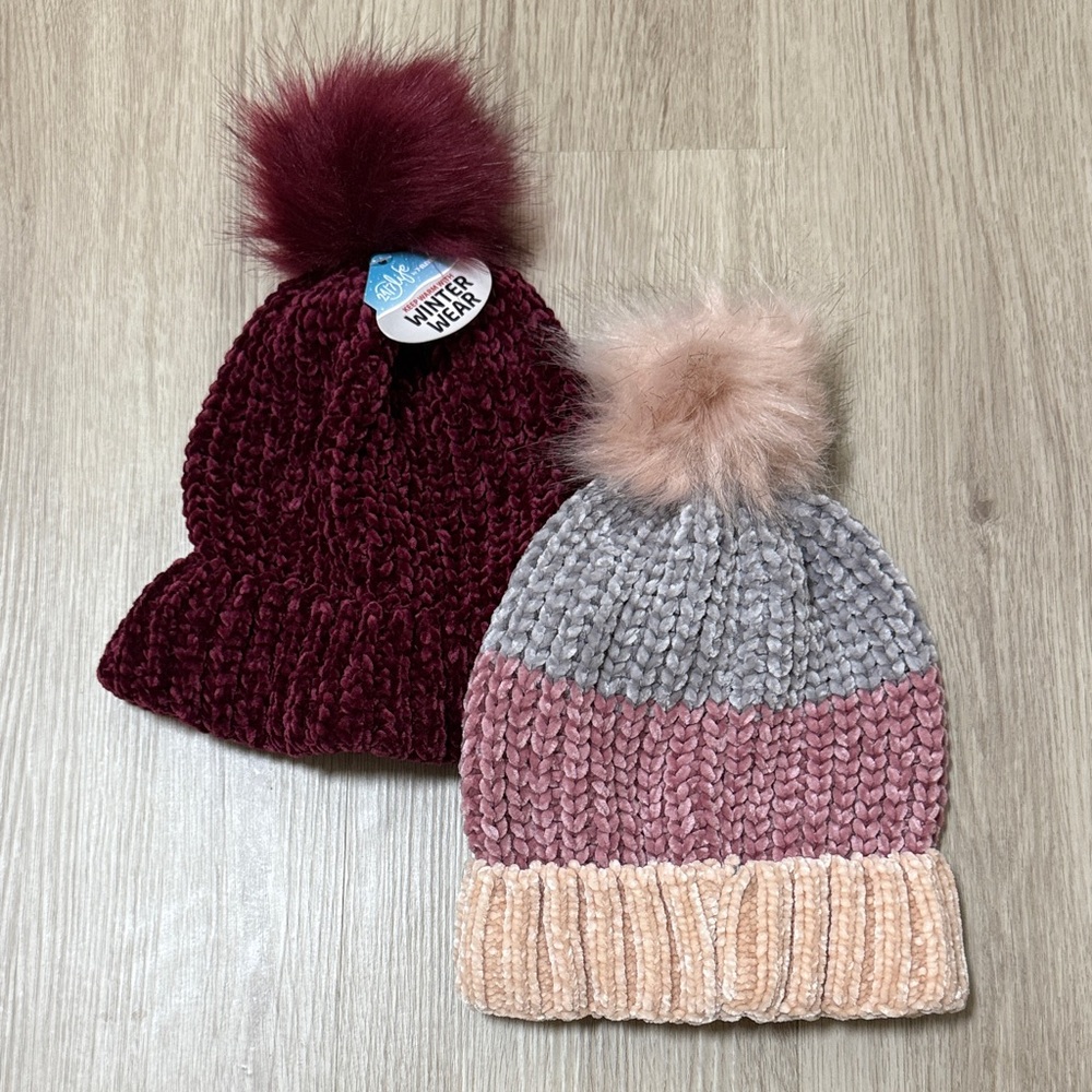 Cozy Pom-Pom Beanie Set - Burgundy and Pink
